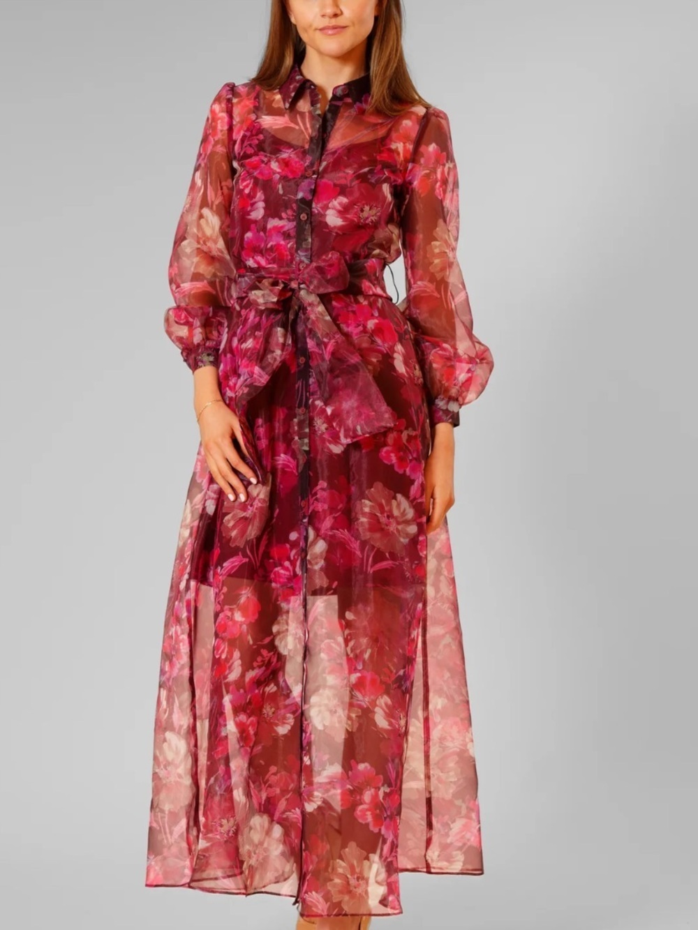 NWT JULIA JORDAN Floral Sheer Long Sleeve Tie Waist Maxi Shirt Dress Size 6